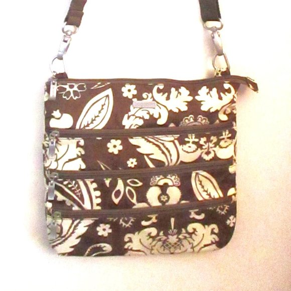 Baggallini Crossbody Bag Travel Organizer Purse Triple Zip, Brown Cream Print - Picture 2 of 16